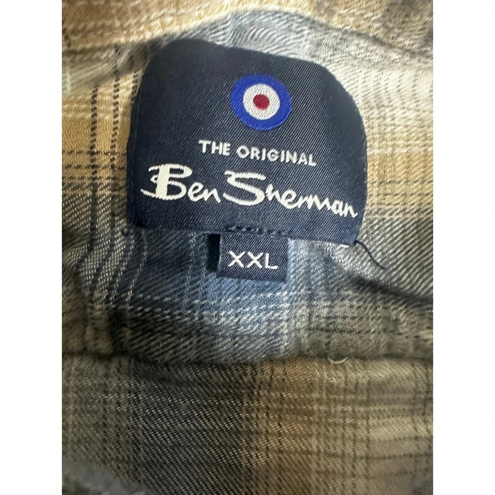 Ben Sherman Mens XXL Blue Tan Plaid Long Sleeve Button Down‎ Flannel Shirt